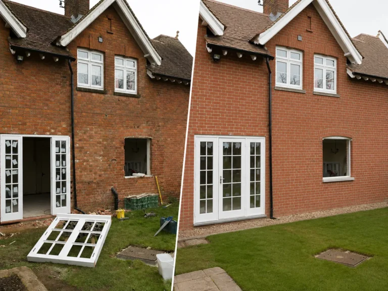 Before and after exterior restoration showing improved brickwork appearance