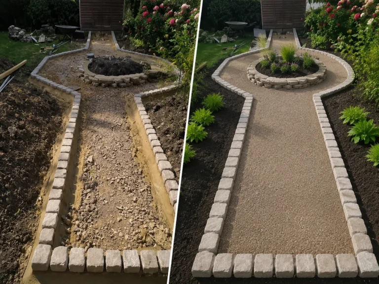 Before and after garden landscaping showing improved outdoor space