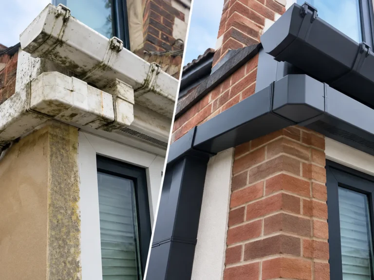 Before and after gutter replacement showing improved roof drainage system