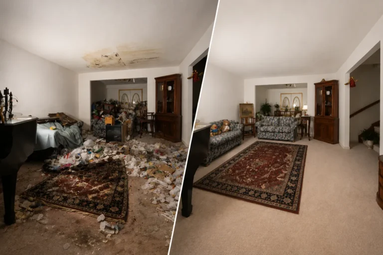 Before and after property cleaning showing a restored living room interior