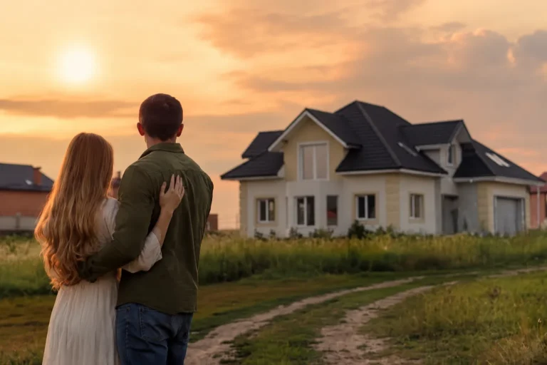 Homeowners viewing a newly built residential property at sunset