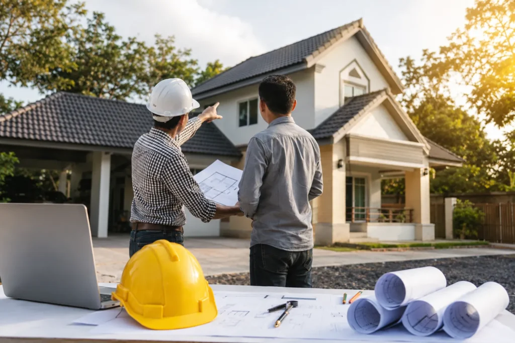 Contractor reviewing property plans with a homeowner outside a house