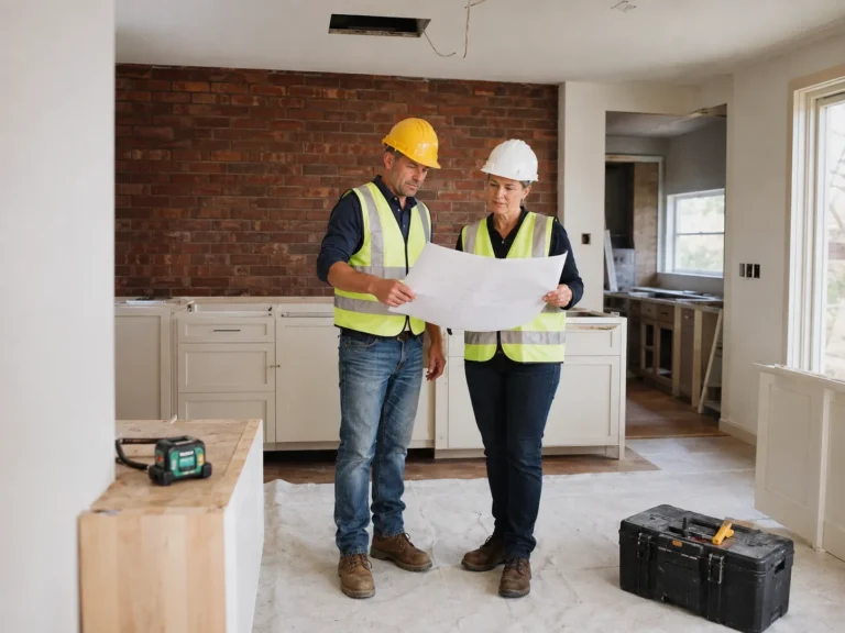 contractors reviewing renovation plans inside a residential property
