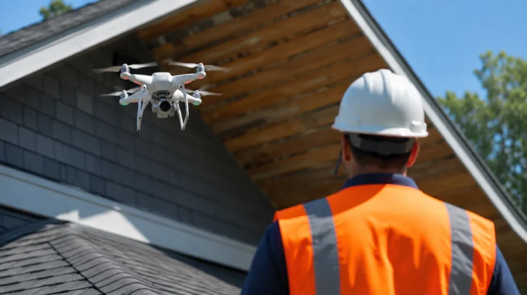 Property professional operating a drone to survey a residential roof