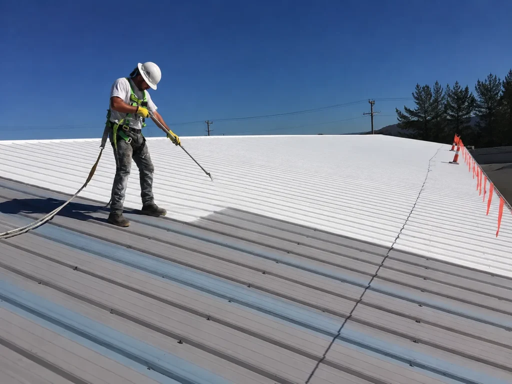 professional applying protective coating to a commercial metal roof