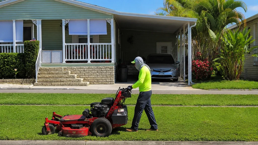Groundsperson mowing the lawn outside a residential property